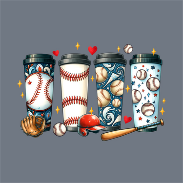 Four coffee cups with baseball designs—great for baseball moms—are surrounded by baseball gear and hearts. Perfect for use with the InkMerge Baseball Tumbler DTF Transfer – Ready to Press on a gray background.